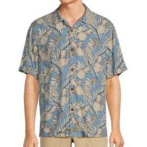Tommy Bahama Gray and Blue Leaf pineapple Print 100% silk Shirt